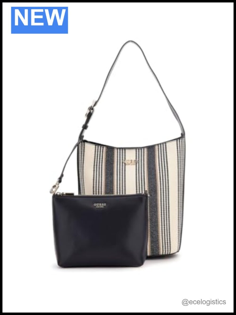 NICOLEETE Canvas Large Bucket Bag Shiny Gold Hardware Shoulder Purse